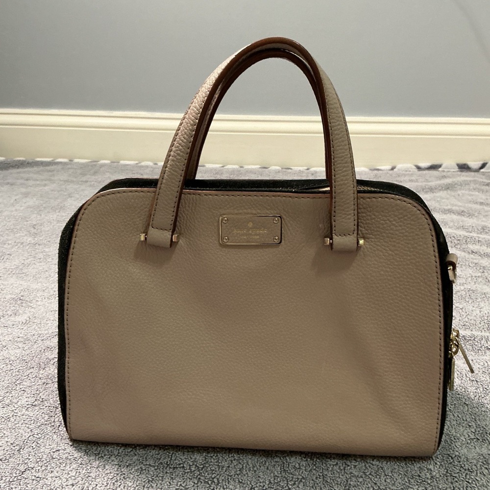 Kate Spade New York Pebbled Leather Suede Satchel Bag Beige Black PXRU5541